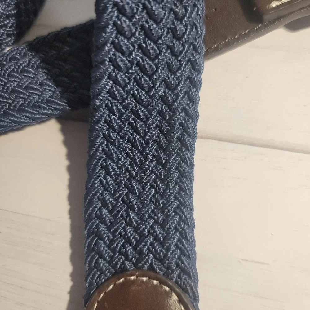 Navy‎ Blue Canvas Woven Belt Large Brown Leather Preppy Casual Business